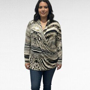 Laura Plus Abstract Zebra Print Faux Wrap Top Size 2X Neutral Tunic Long Sleeve